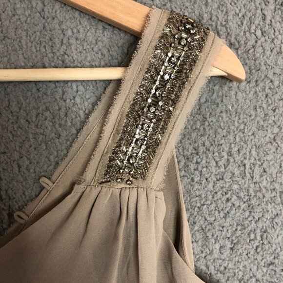 BKE Buckle Top Small Sleeveless Light Brown Embellished Bling Frayed Neck Hem - Picture 5 of 9